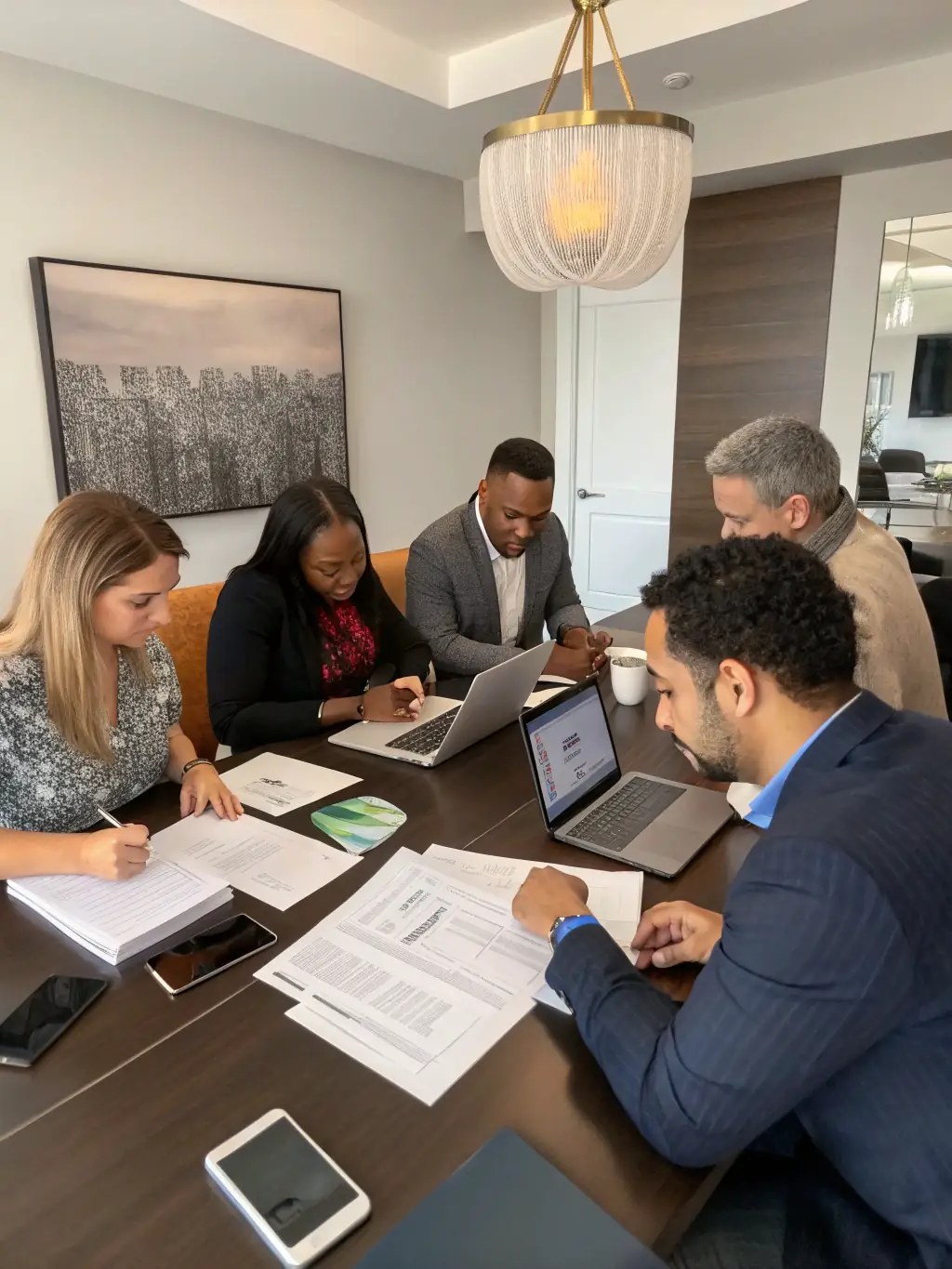 A diverse group of real estate professionals actively participating in a collaborative coaching session, sharing insights and strategies.