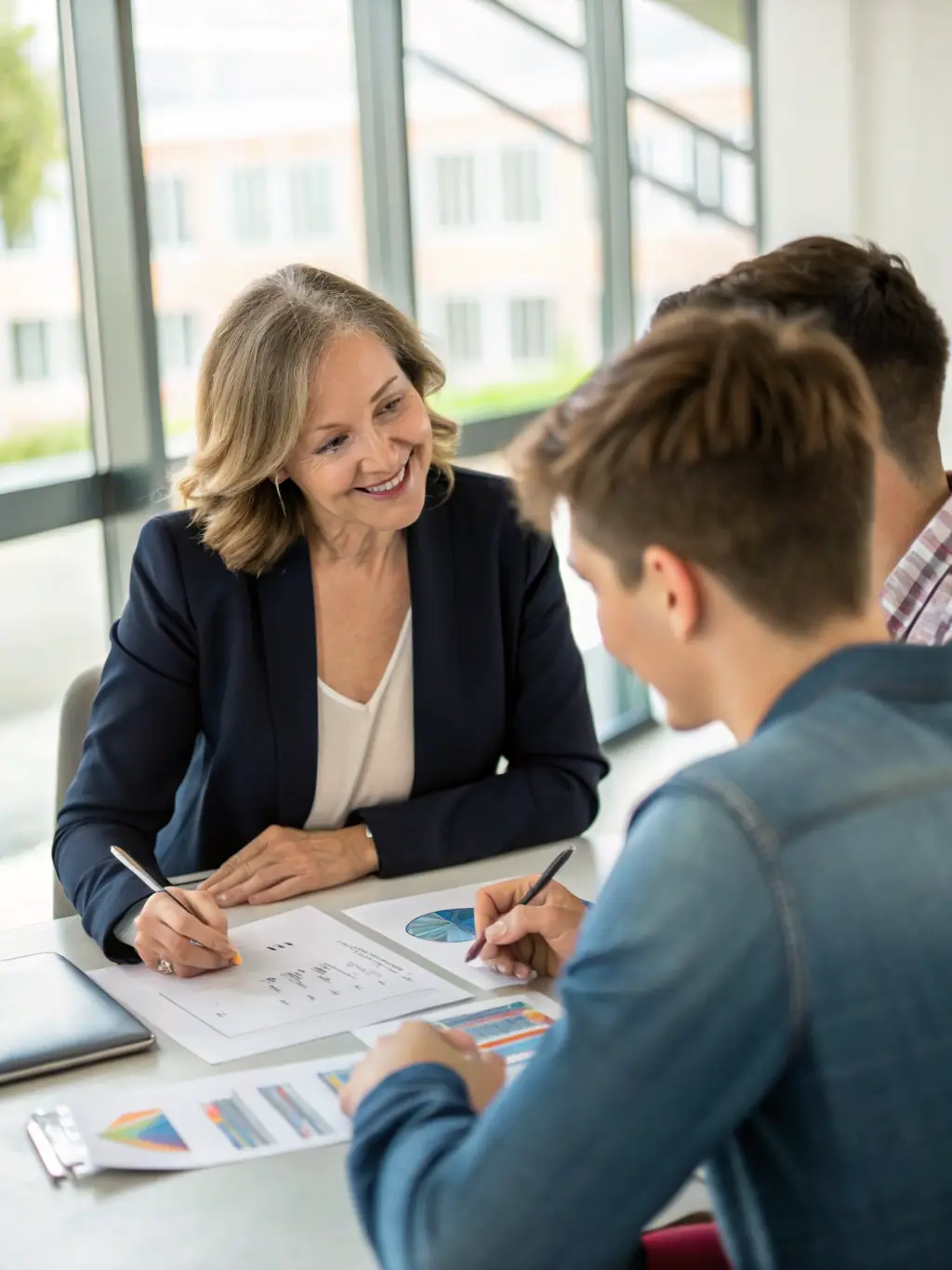 A real estate agent sitting at a desk, looking thoughtfully at a business plan during an individual coaching session, with a coach providing guidance.